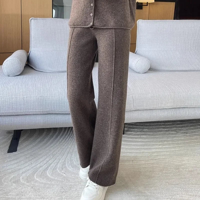 Knitted High Waist Wide Leg Pants - Autumn Winter Straight Trousers