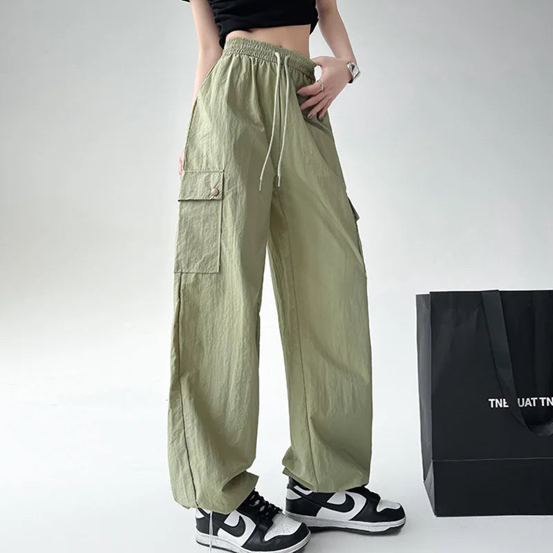 Big Pocket Wide Leg Cargo Pants - Elastic Waist Street Trousers