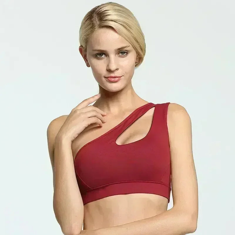 One Shoulder Yoga Sports Bra - Wire Free Push Up Crop Top