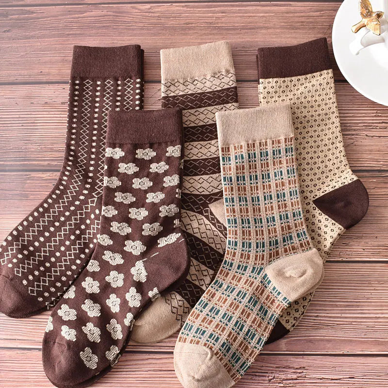 Floral Embossed Knit Socks - Retro Harajuku 5 Pair Style