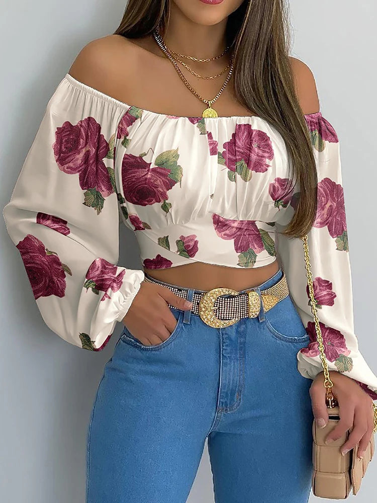 Off Shoulder Lantern Sleeve Blouse - Lace Up Bow Cropped Top