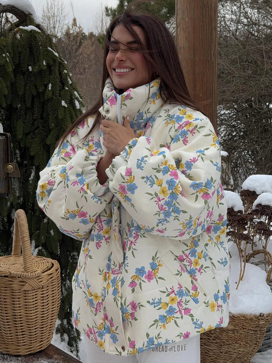 Floral Print Puffer Jacket - Stand Collar Warm Cotton Filled Coat