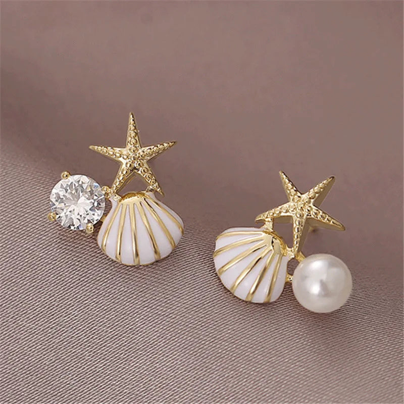Shell Starfish Stud Earrings - Asymmetric Pearl Rhinestone Jewelry