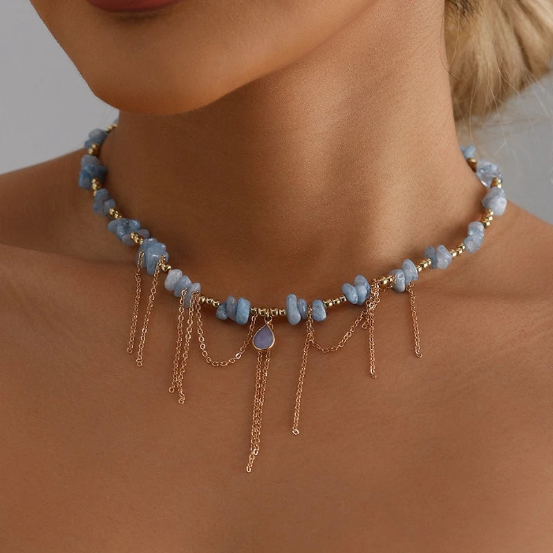 Natural Stone Water Droplet Necklace - Collarbone Chain Jewelry