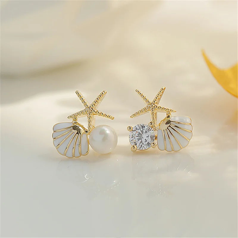 Shell Starfish Stud Earrings - Asymmetric Pearl Rhinestone Jewelry