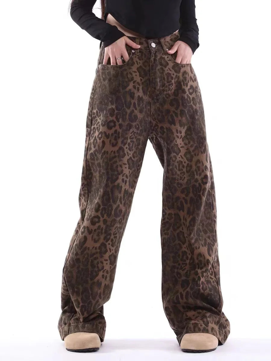 Leopard Print Wide Leg Jeans - Oversized High Waist Denim Pants