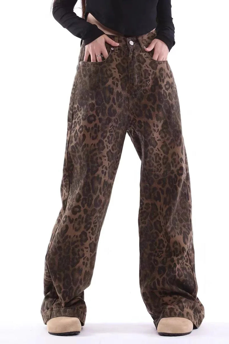 Leopard Print Wide Leg Jeans - Oversized High Waist Denim Pants