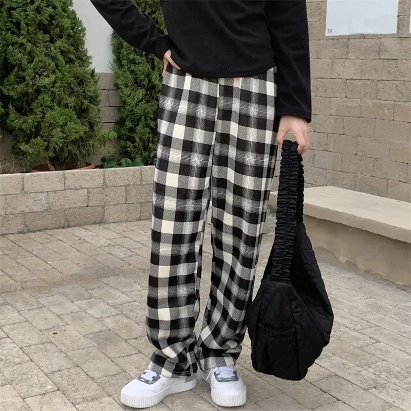 Fleece Lined Plaid Trousers - High Waisted Straight Winter Pants