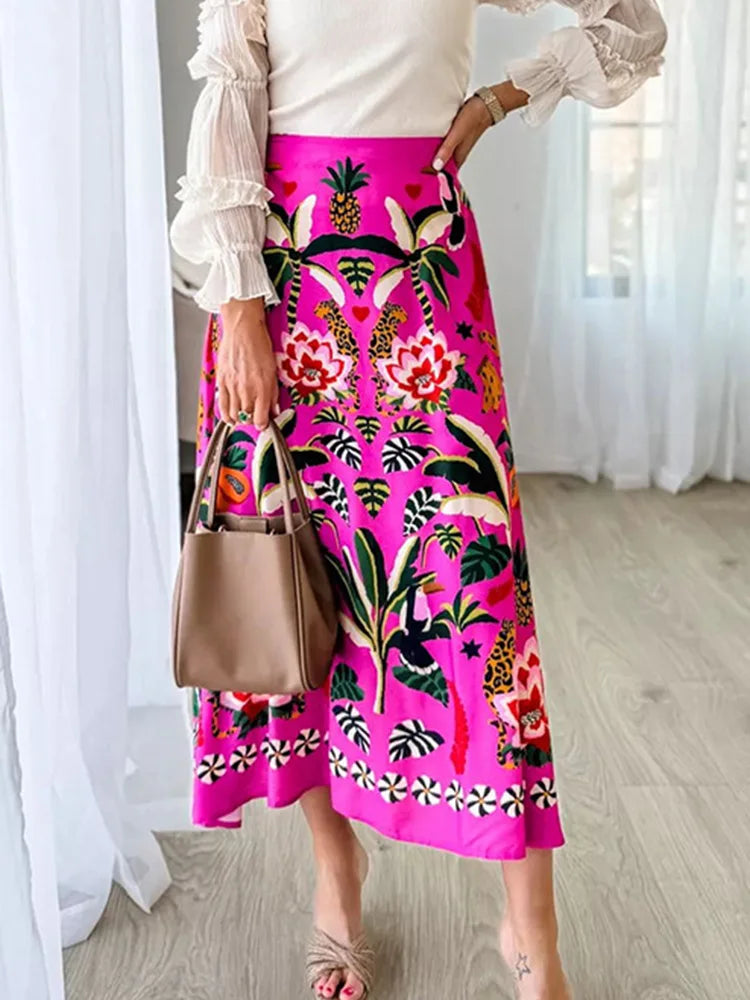 Floral Printed A-Line Skirt - Summer Autumn Zipper Midi Skirt