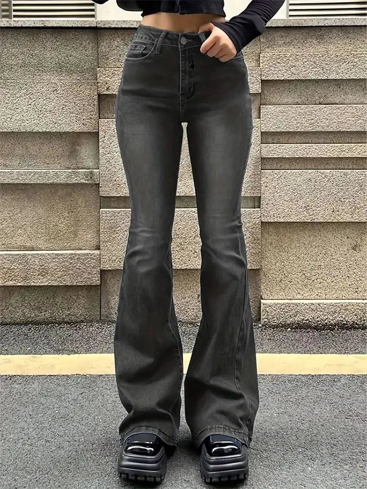 Flare Stretch Bell Bottom Jeans - Gray High Waist Y2K Denim