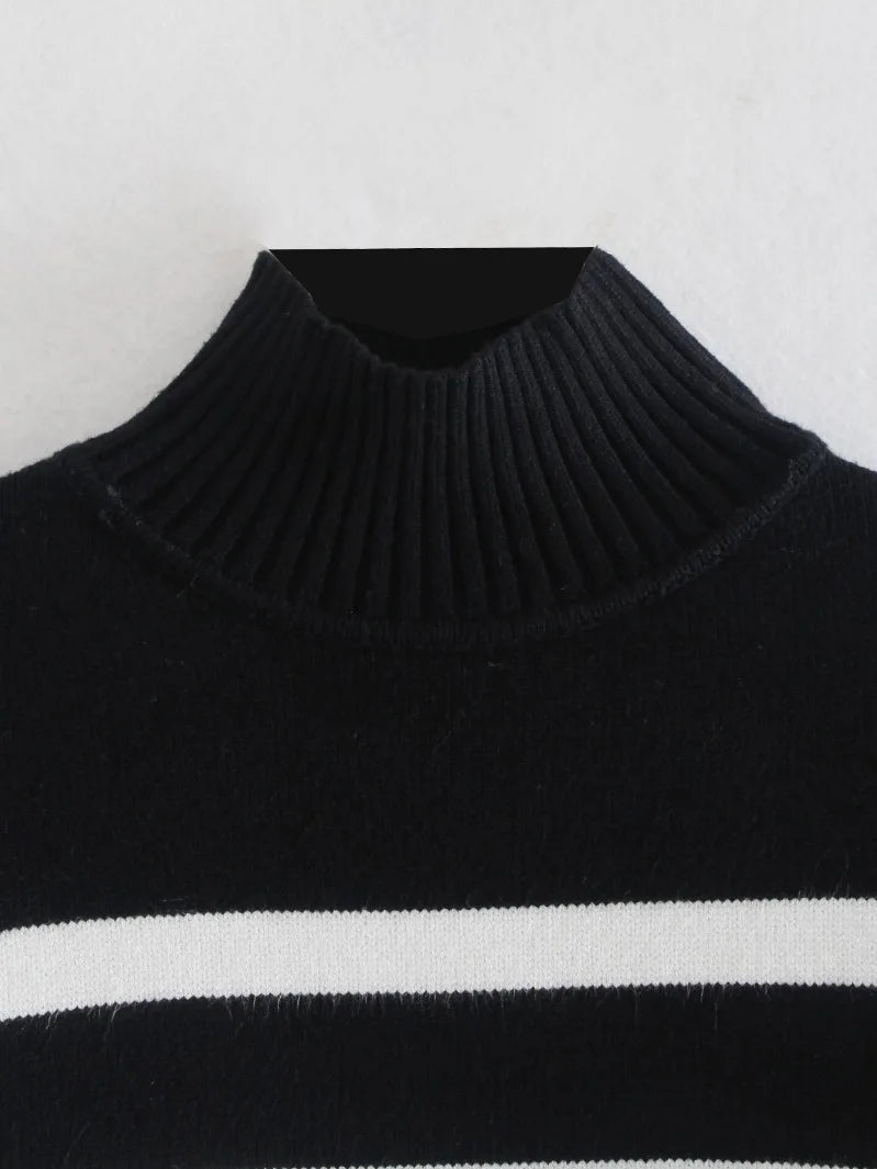 Black White Stripe Turtleneck Sweater - Loose Knit Pullover