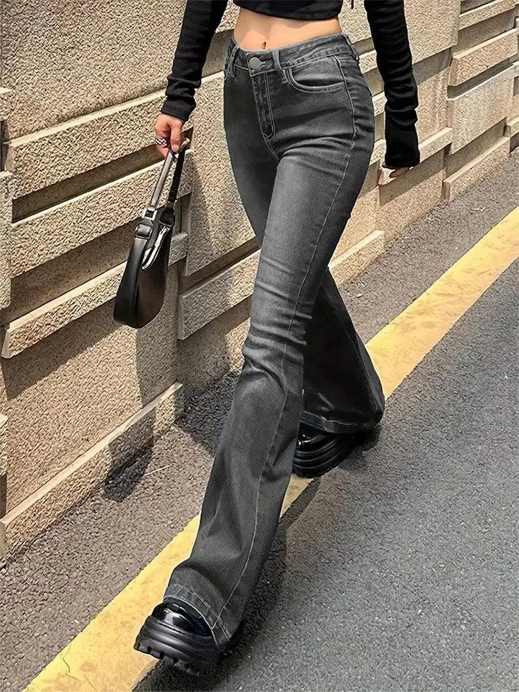 Flare Stretch Bell Bottom Jeans - Gray High Waist Y2K Denim