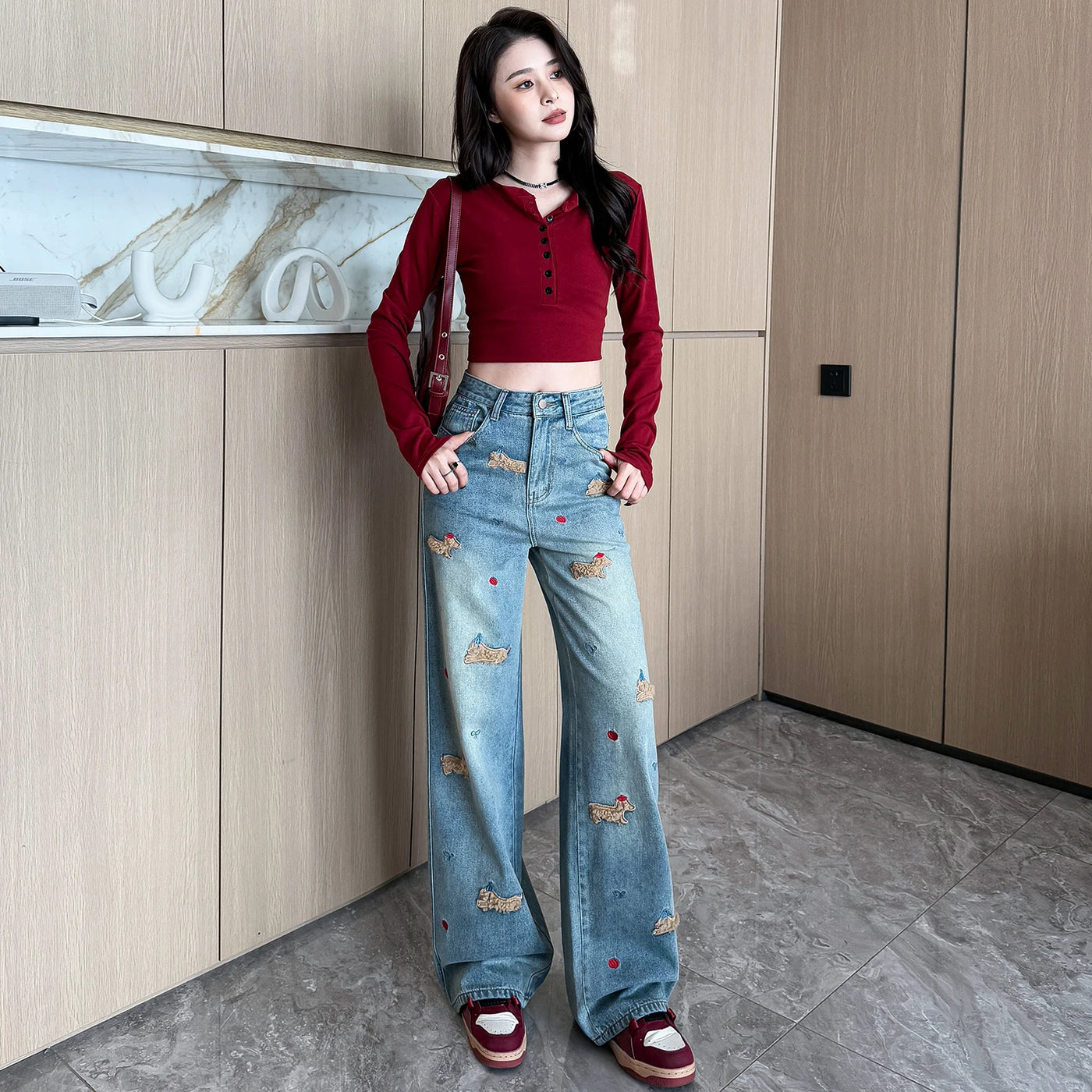 Embroidered Dog Straight Leg Jeans - Korean Loose Denim Pants
