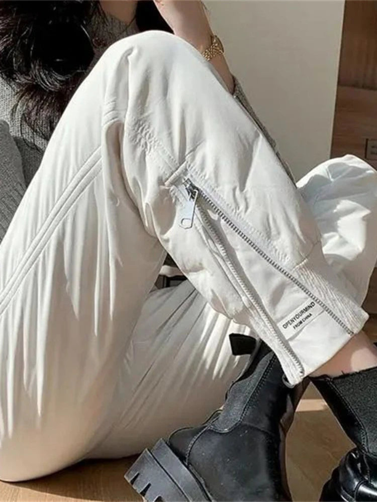 Fleece Lined Side Zip Winter Pants - Windproof Straight Leg Trousers