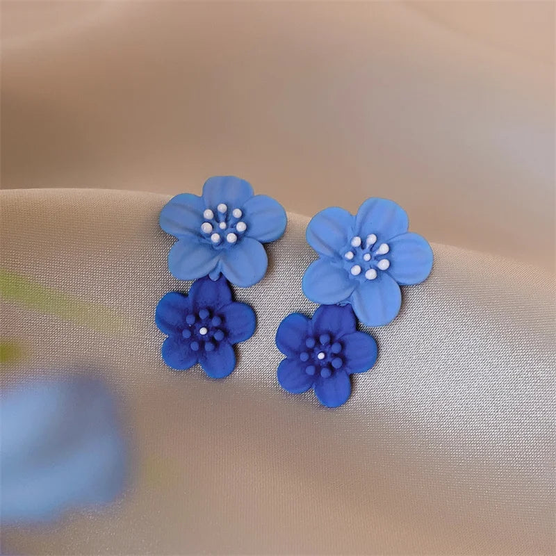 Blue Geometric Flower Butterfly Dangle Earrings - Bohemian Statement Jewelry
