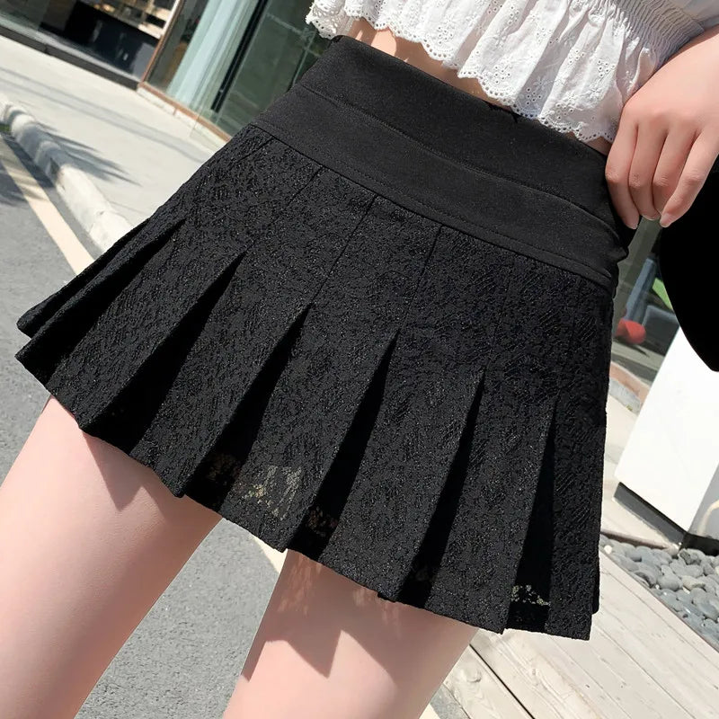High Waist Lace Pleated Mini Skirt - Sweet Black White Student Skirt