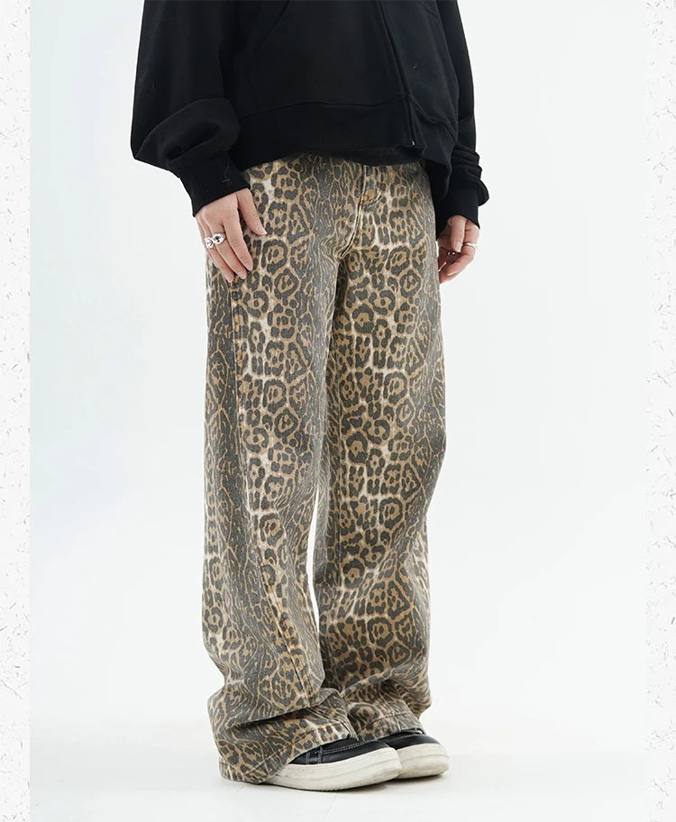 Leopard Print Wide Leg Jeans - Oversized High Waist Denim Pants
