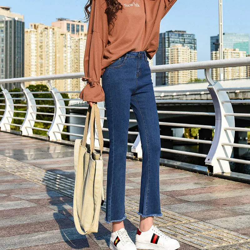 Slim Flare High Waist Jeans - Korean Ankle Length Stretch Denim