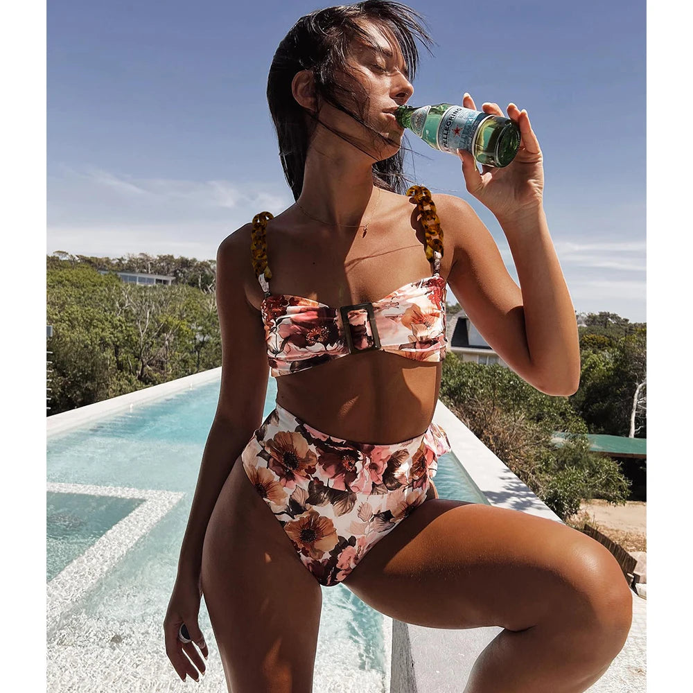 High Waist Ruffle Bikini Set - Ribbed Bandeau Brazilian Swimwear