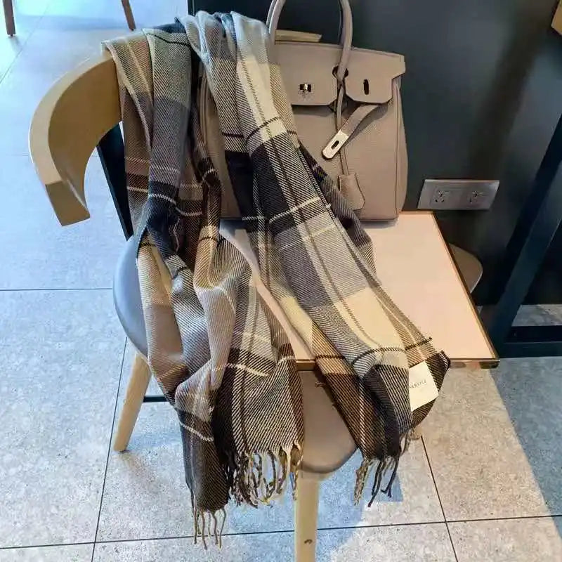 Plaid Cashmere-Feel Winter Scarf - Long Tassel Shawl Wrap