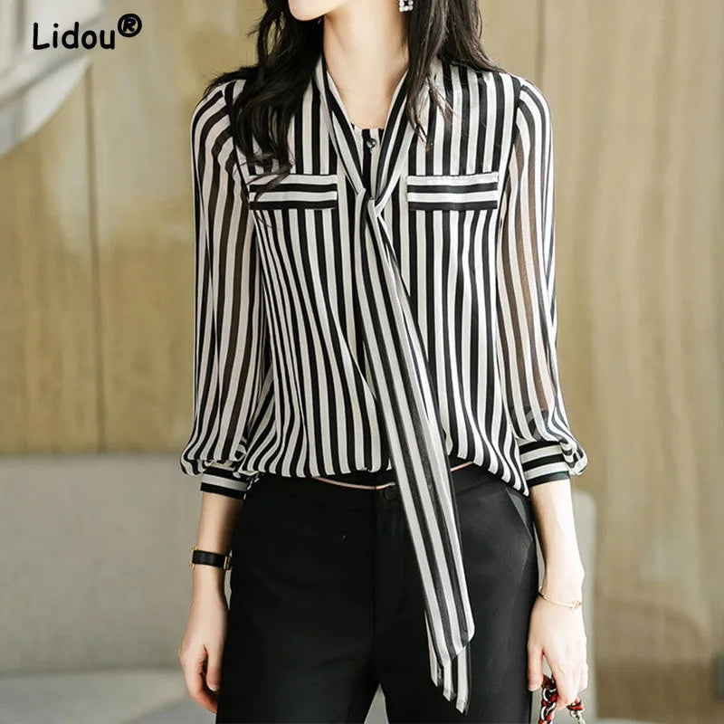 Striped Bow Collar Blouse - Long Sleeve Office Lady Shirt
