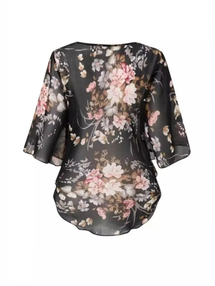 Floral Chiffon Bat Sleeve Blouse - Sheer Loose Vintage Top