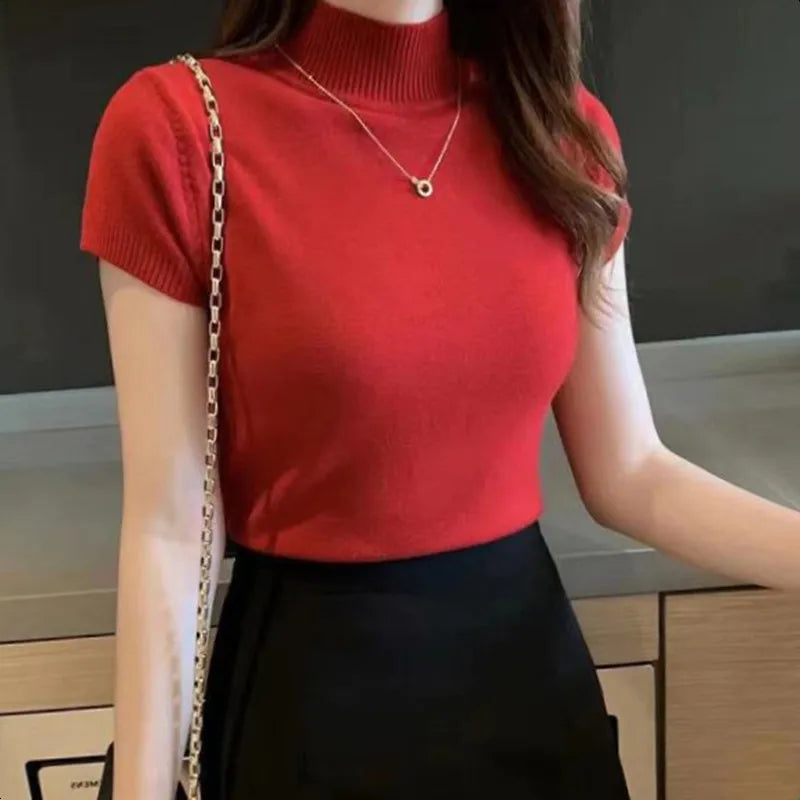 Half High Neck Stretch Top - Korean Solid Short Sleeve Shirt