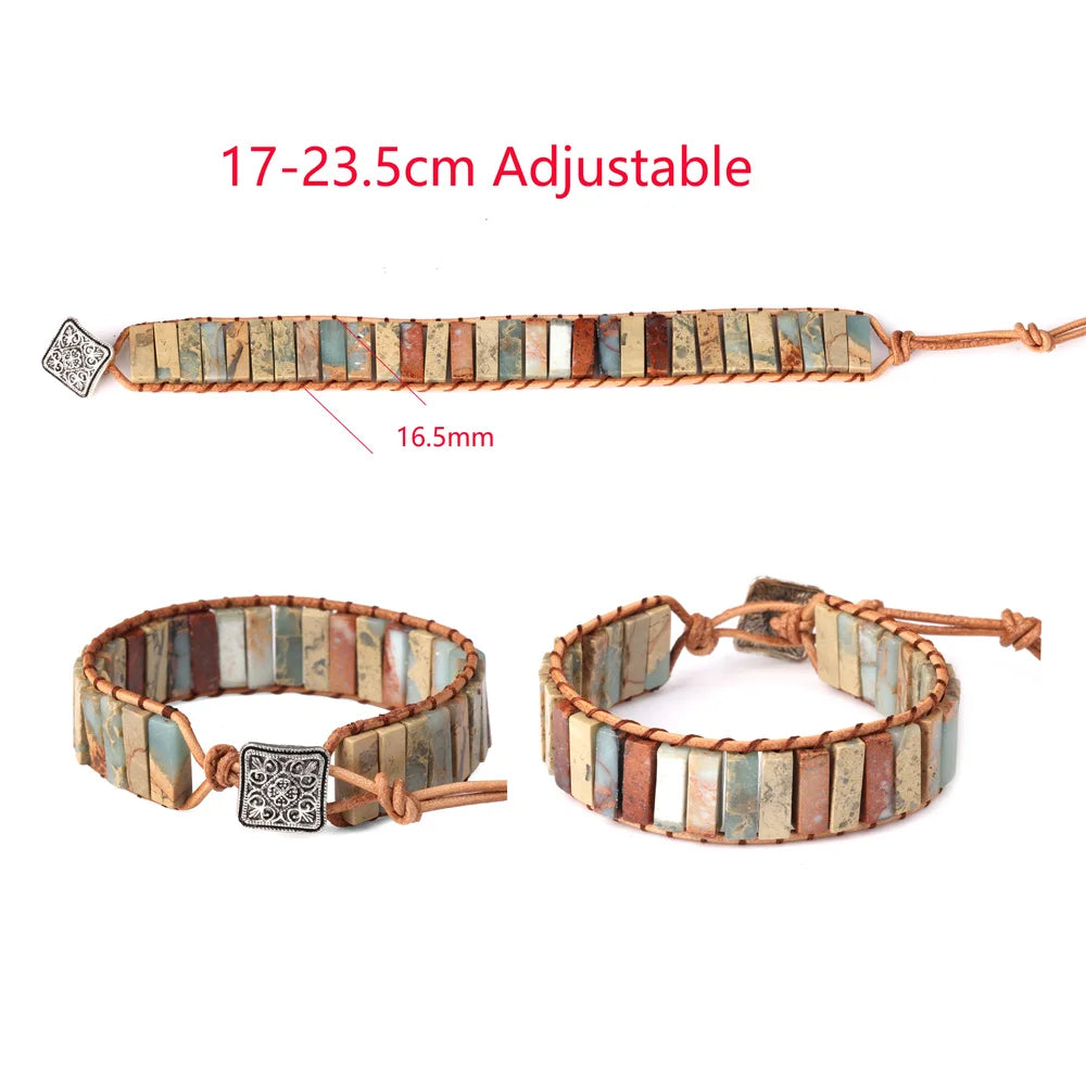 Multicolor Natural Stone Leather Wrap Bracelet - Tibetan Gypsy Bead Jewelry