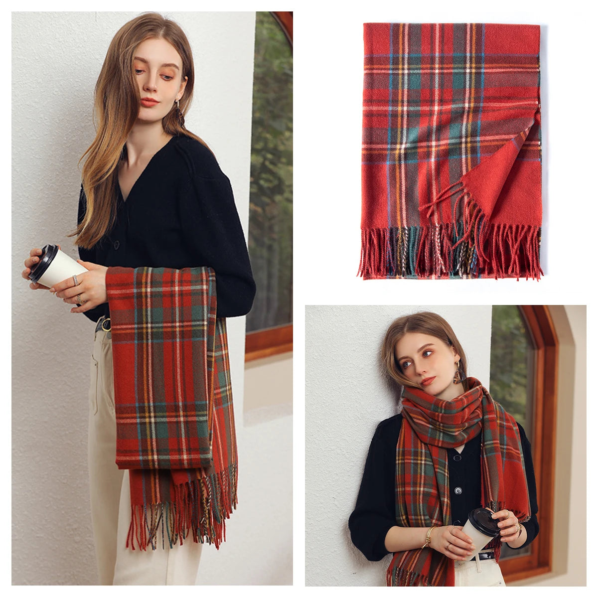Classic Plaid Blanket Scarf - Cashmere-Feel Large Warm Shawl