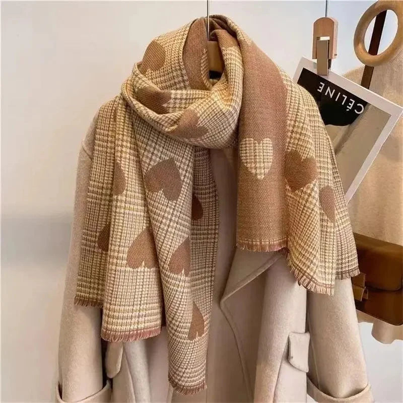 Double Side Heart Plaid Scarf - Thick Warm Winter Shawl