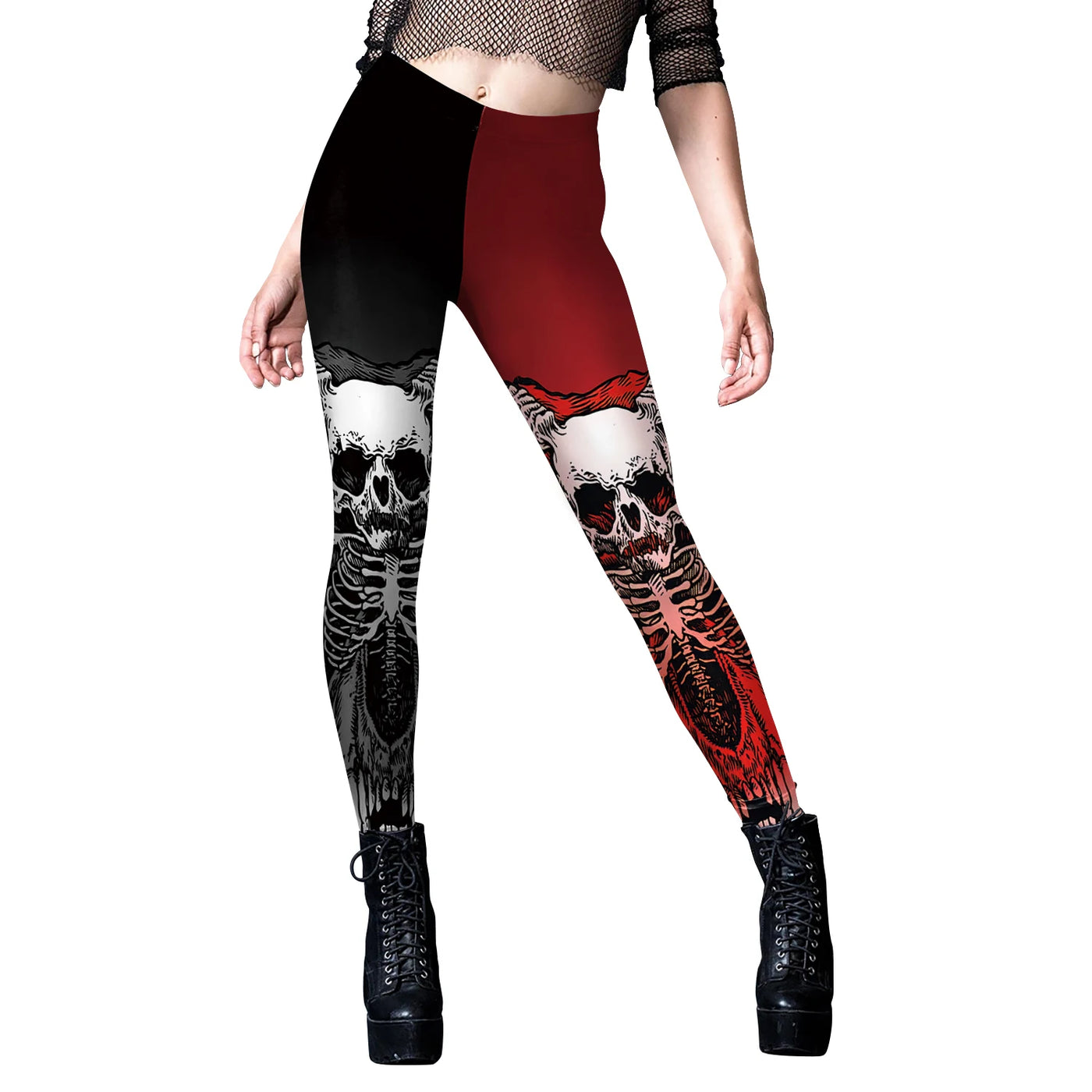Halloween Skeleton Print Leggings - Gothic Punk Stretch Tights