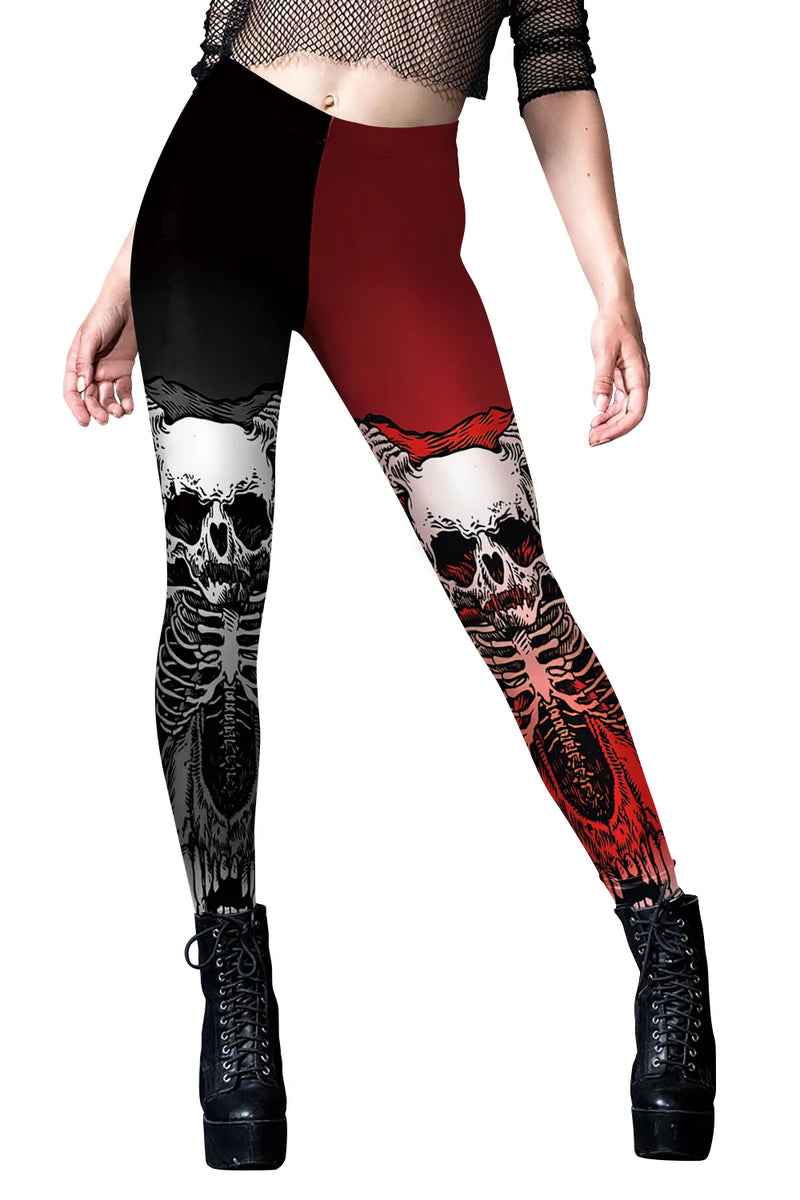 Halloween Skeleton Print Leggings - Gothic Punk Stretch Tights