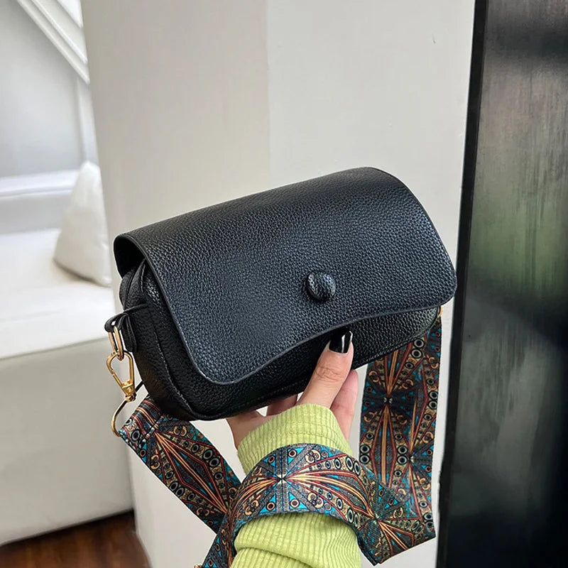 Wide Strap PU Leather Crossbody Bag - Small Flap Shoulder Purse