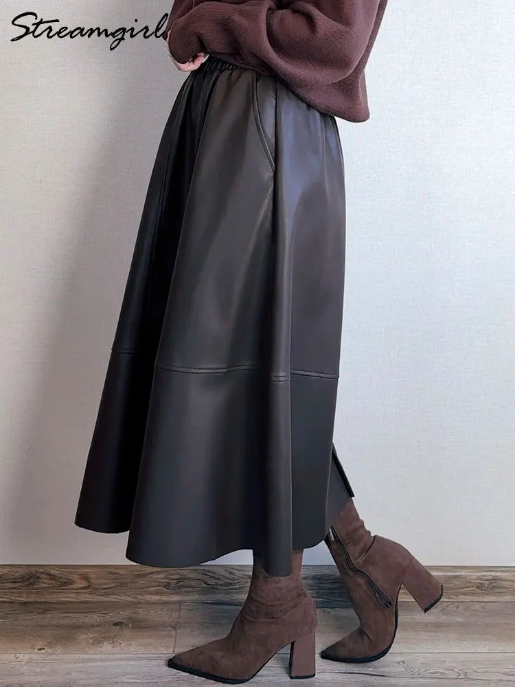 Midi Faux Leather A-Line Skirt - Elastic Waist Pocket Swing Skirt