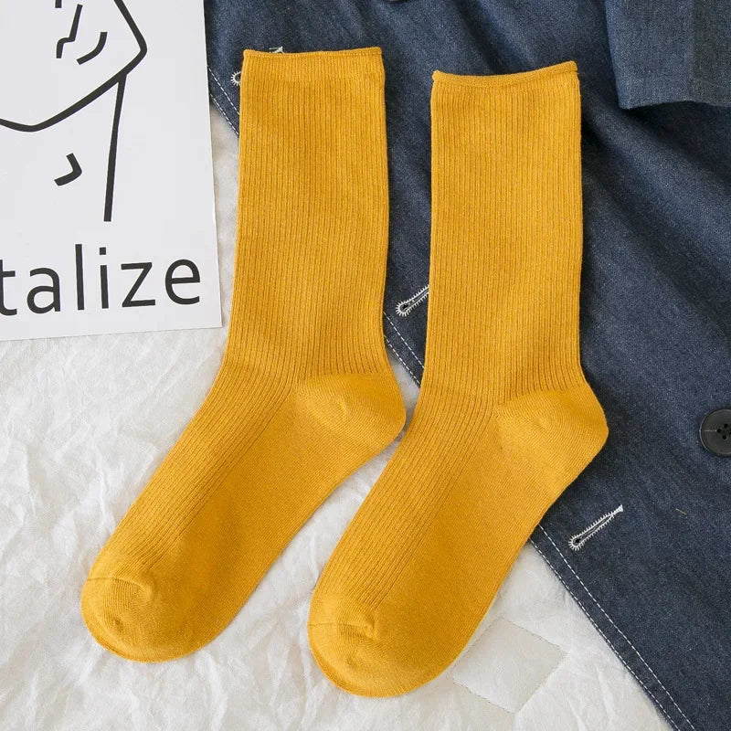 Solid Color Crew Socks - Breathable Preppy Korean Socks