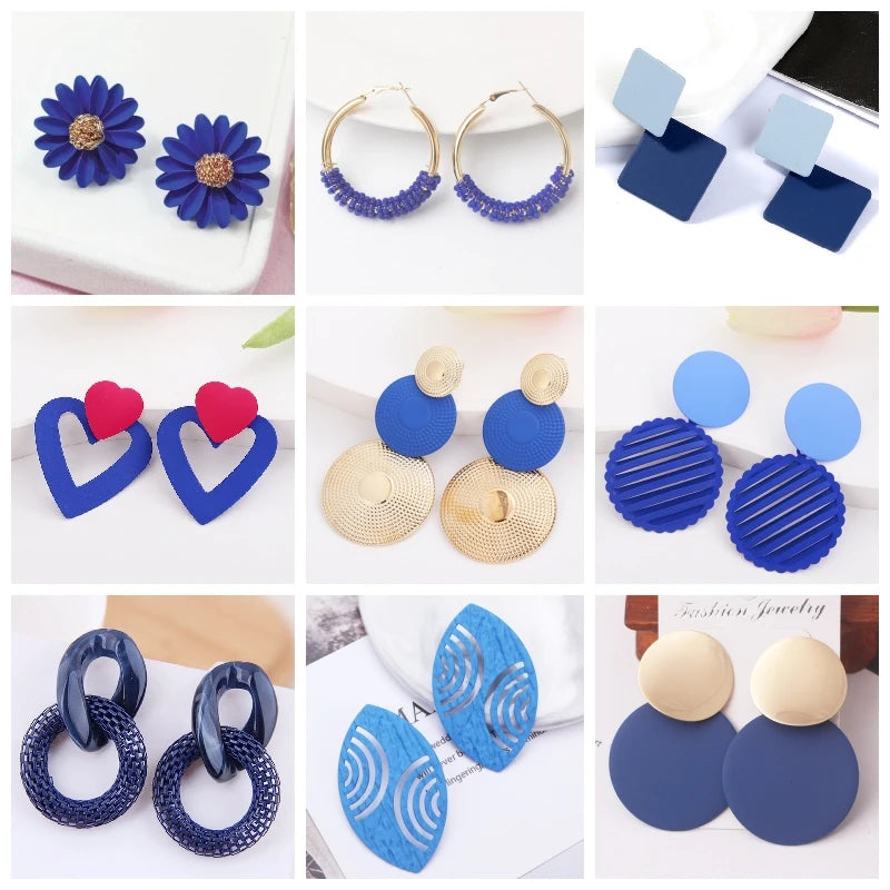 Blue Geometric Flower Butterfly Dangle Earrings - Bohemian Statement Jewelry