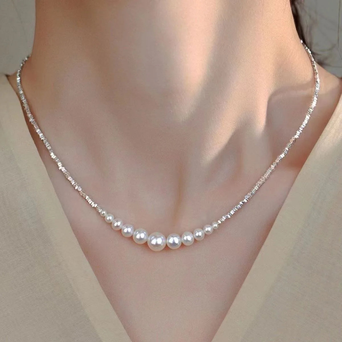 Short Pearl Layered Necklace - Stainless Steel Minimalist Collar Chain