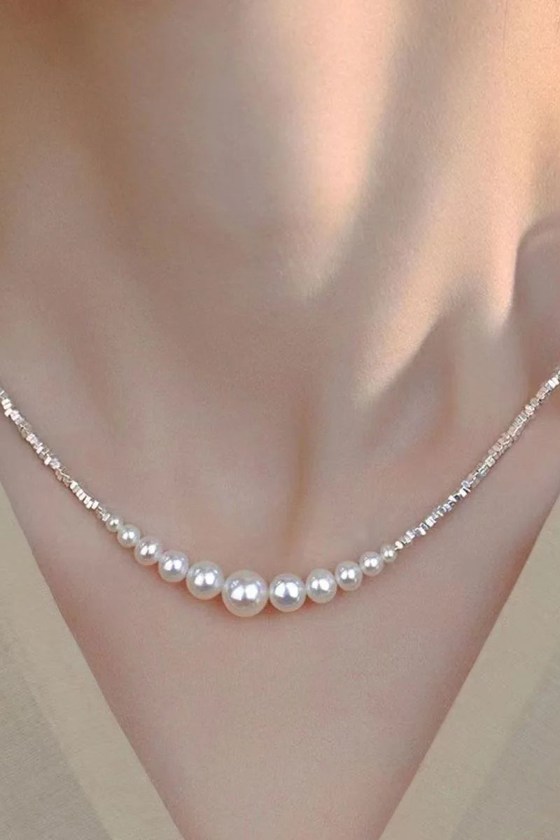 Short Pearl Layered Necklace - Stainless Steel Minimalist Collar Chain