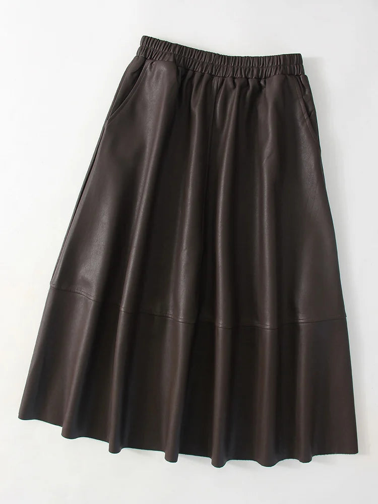 Midi Faux Leather A-Line Skirt - Elastic Waist Pocket Swing Skirt