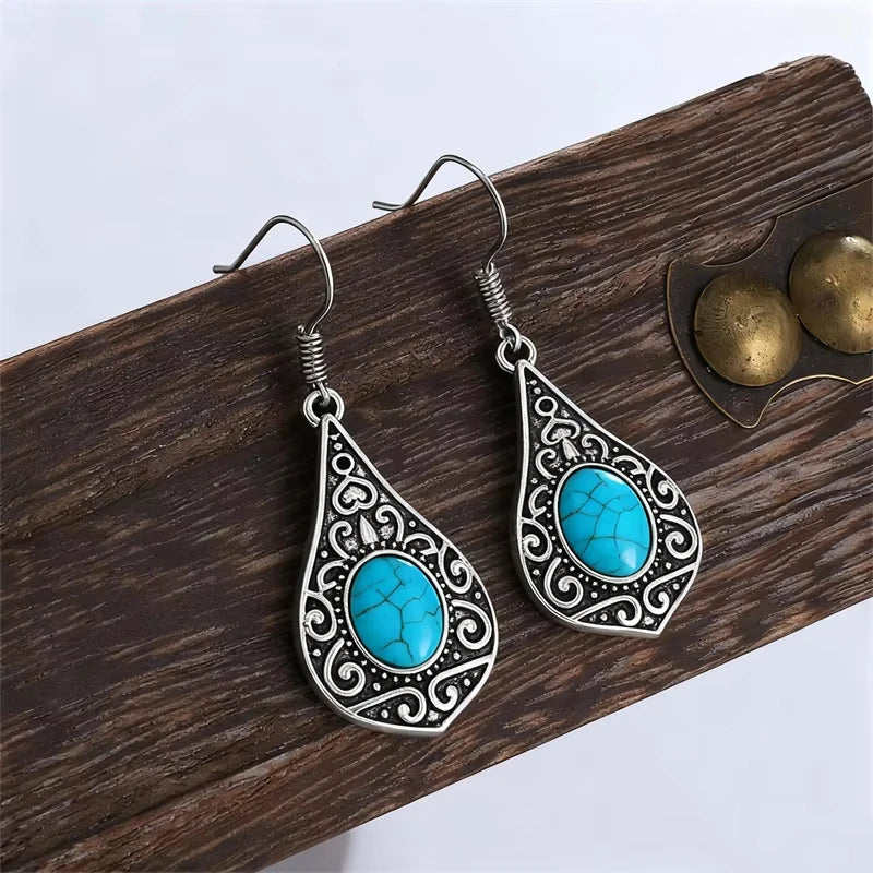 Blue Geometric Flower Butterfly Dangle Earrings - Bohemian Statement Jewelry