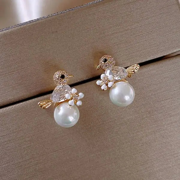 Rhinestone Flower Stud Earrings - Pearl Crystal Korean Party Jewelry