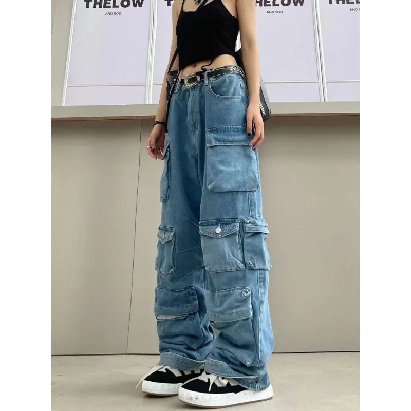 Y2K Multi-Pocket Cargo Jeans - Blue Washed Wide Leg Denim