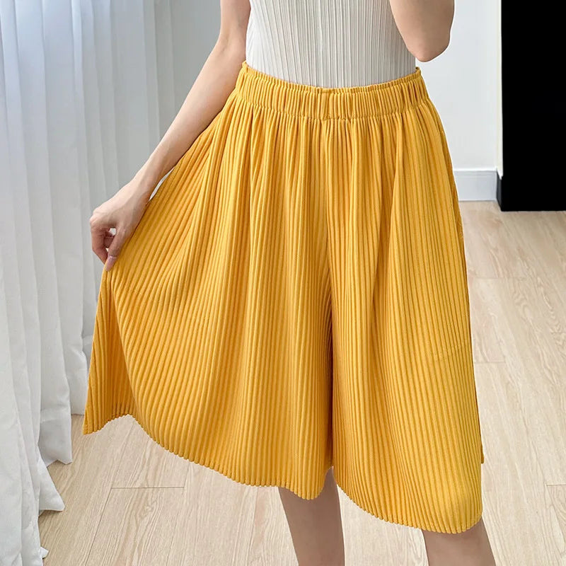 Pleated Five Point Shorts - Loose High Waist Drape Summer Mid Pants
