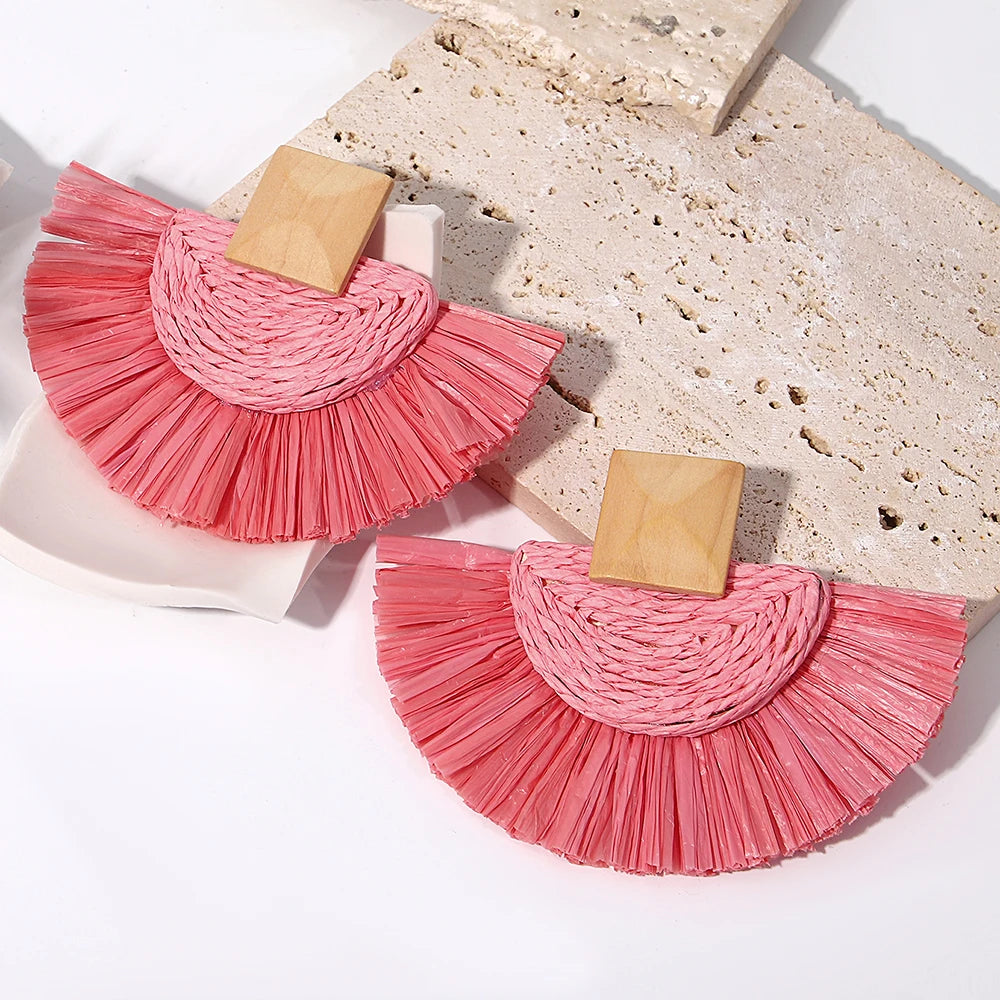 Handmade Raffia Fan Drop Earrings - Wooden Rattan Summer Jewelry