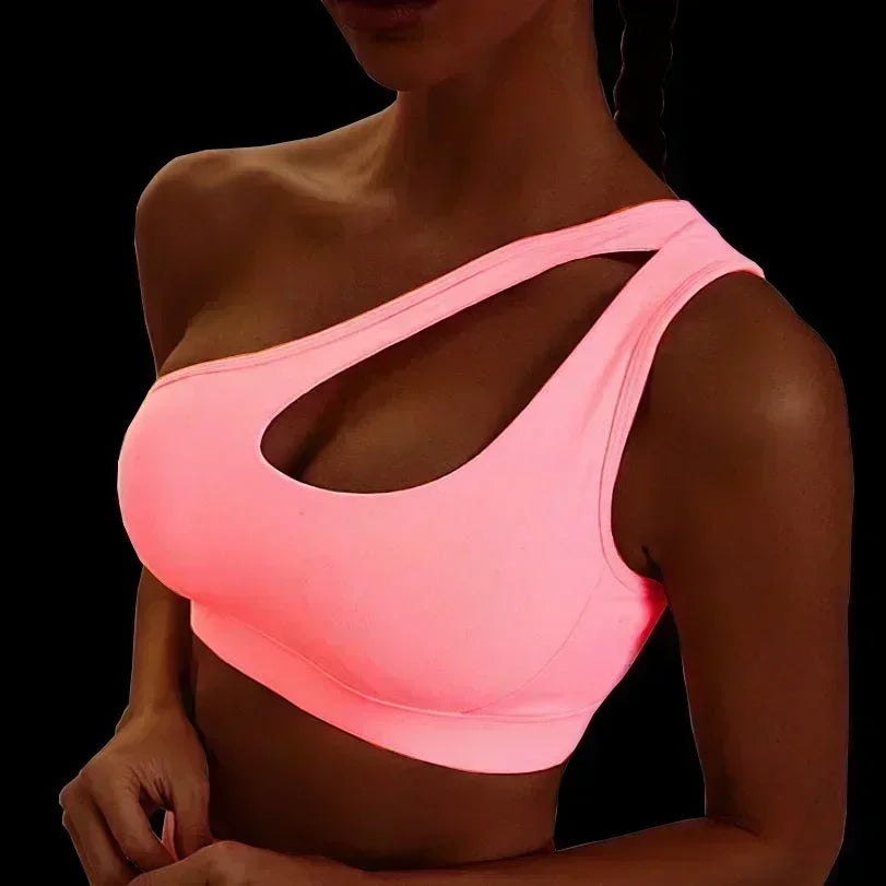 One Shoulder Yoga Sports Bra - Wire Free Push Up Crop Top