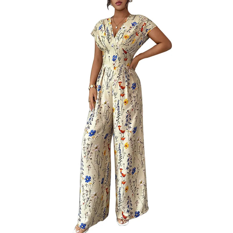 Floral Short Sleeve Jumpsuit - High Waist Straight Leg Summer Outfit