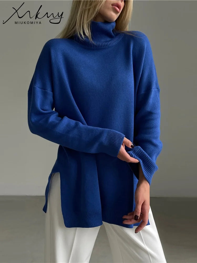 Side Split Turtleneck Sweater - Oversize Knitted Autumn Pullover