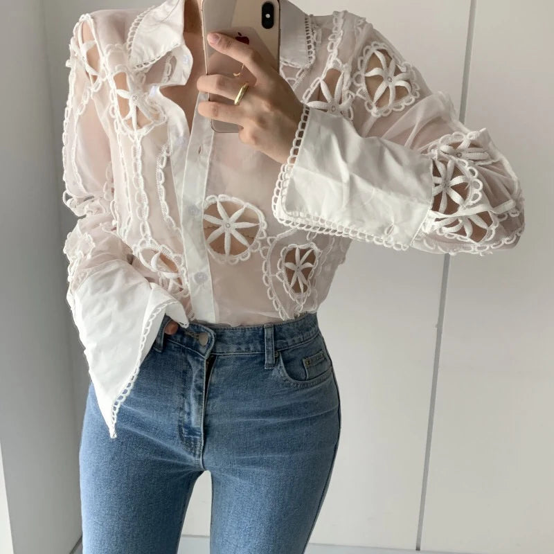 White Embroidered Hollow Blouse - Long Sleeve Vintage Office Top