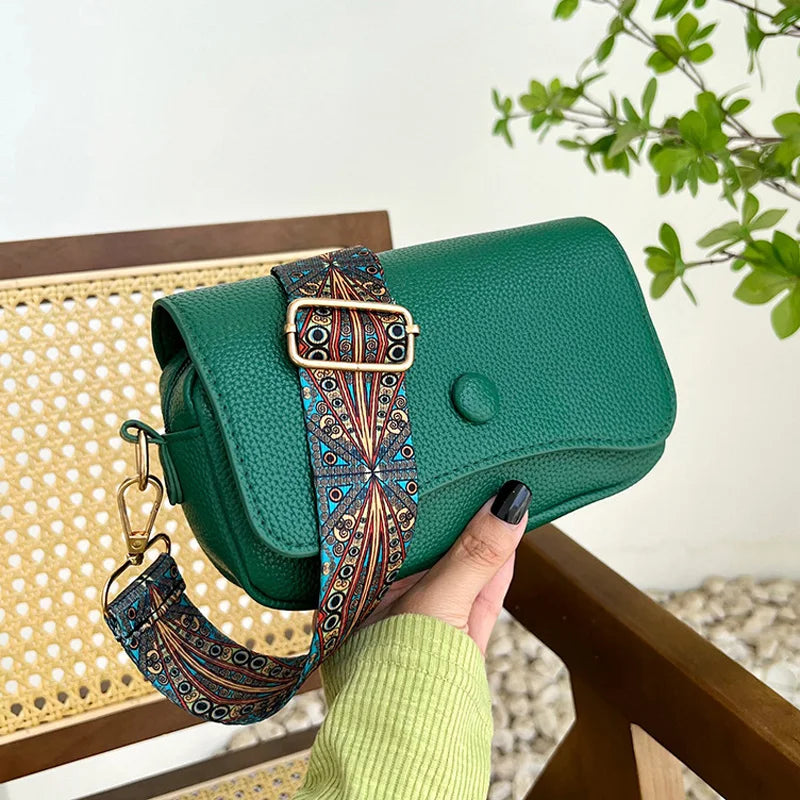 Wide Strap PU Leather Crossbody Bag - Small Flap Shoulder Purse