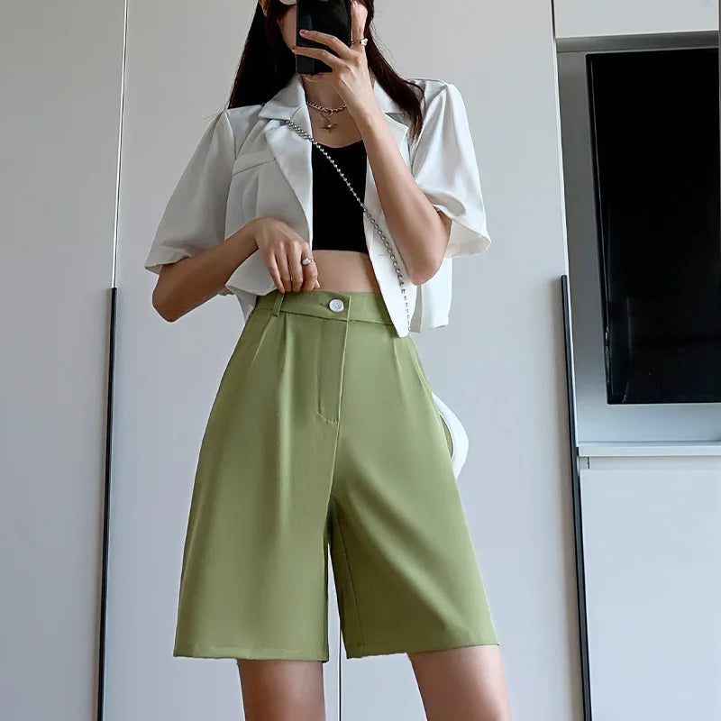 Wide Leg Suit Shorts - High Waist Knee Length Office Summer Shorts